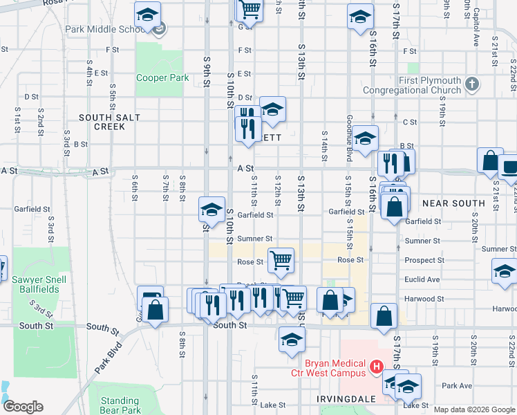 map of restaurants, bars, coffee shops, grocery stores, and more near 1534 South 11th Street in Lincoln
