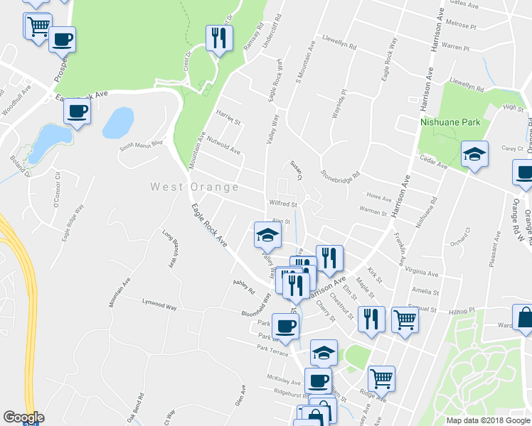map of restaurants, bars, coffee shops, grocery stores, and more near 51 Valley Way in West Orange