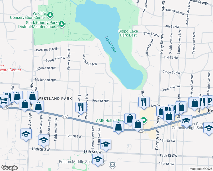 map of restaurants, bars, coffee shops, grocery stores, and more near 347 Roxbury Avenue Northwest in Massillon