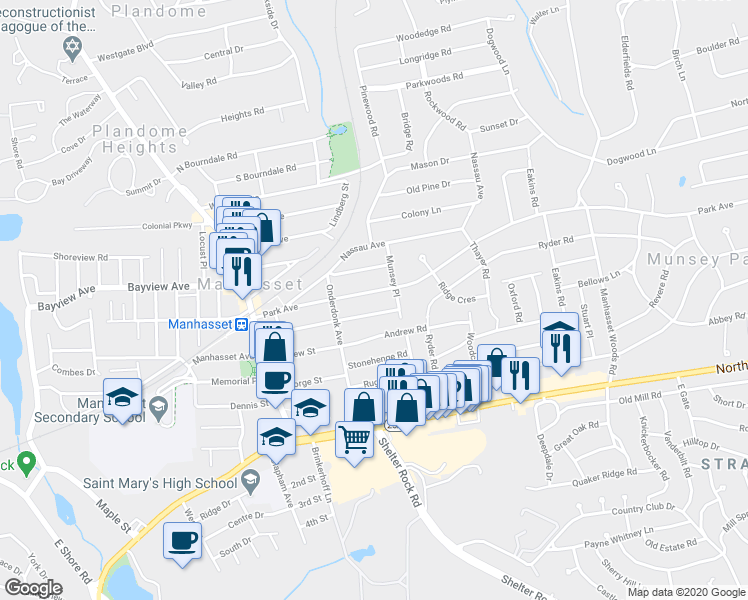 map of restaurants, bars, coffee shops, grocery stores, and more near 144 Park Avenue in Manhasset