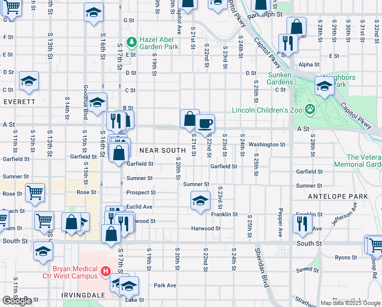 map of restaurants, bars, coffee shops, grocery stores, and more near 1529 South 21st Street in Lincoln