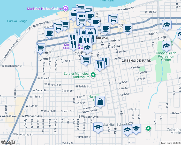 map of restaurants, bars, coffee shops, grocery stores, and more near 1005 E Street in Eureka