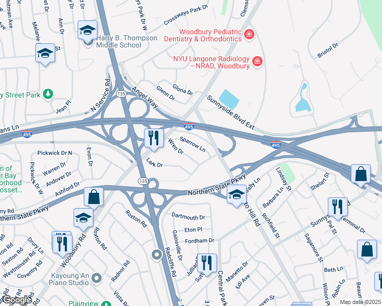 map of restaurants, bars, coffee shops, grocery stores, and more near 18 Wren Drive in Woodbury