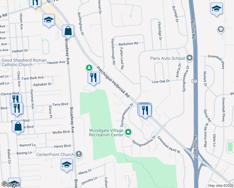 map of restaurants, bars, coffee shops, grocery stores, and more near 235E Springmeadow Drive in Holbrook