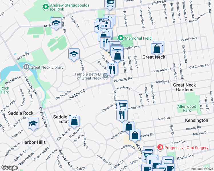 map of restaurants, bars, coffee shops, grocery stores, and more near 9 Millbrook Court in Great Neck