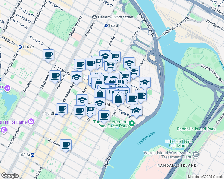 map of restaurants, bars, coffee shops, grocery stores, and more near 318 East 117th Street in New York