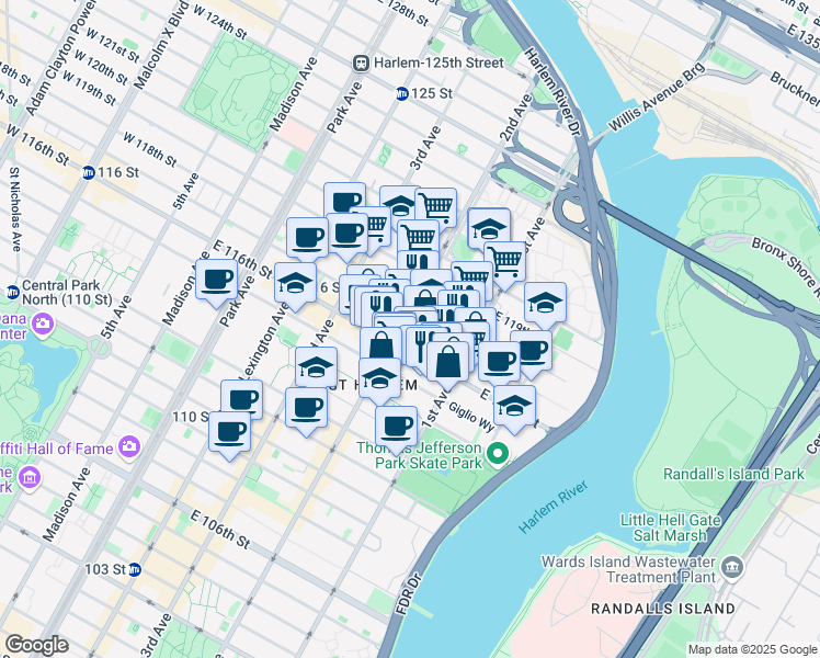 map of restaurants, bars, coffee shops, grocery stores, and more near 318 East 117th Street in New York