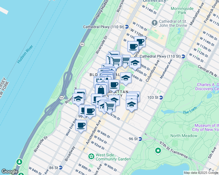 map of restaurants, bars, coffee shops, grocery stores, and more near 216 West 100th Street in New York