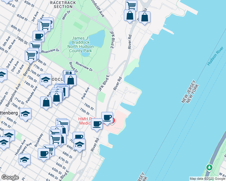 map of restaurants, bars, coffee shops, grocery stores, and more near 7903 River Road in North Bergen