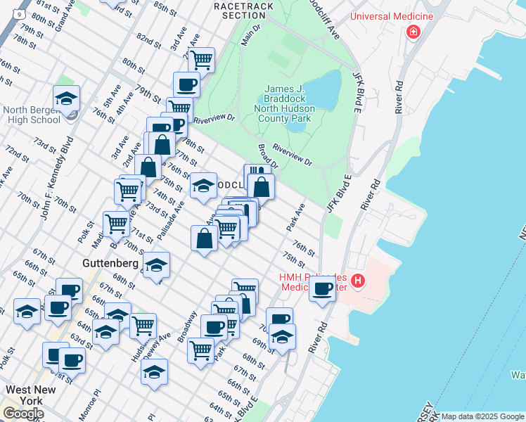 map of restaurants, bars, coffee shops, grocery stores, and more near 145 76th Street in North Bergen