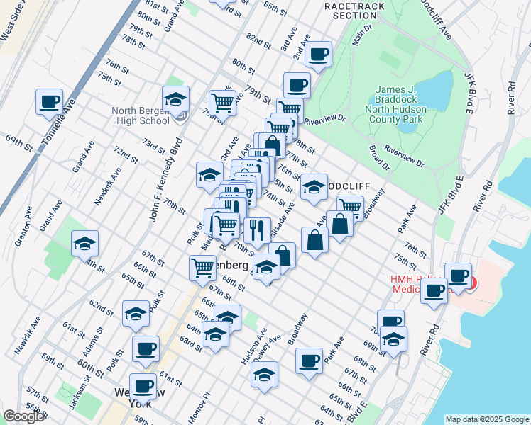 map of restaurants, bars, coffee shops, grocery stores, and more near 412 72nd Street in North Bergen