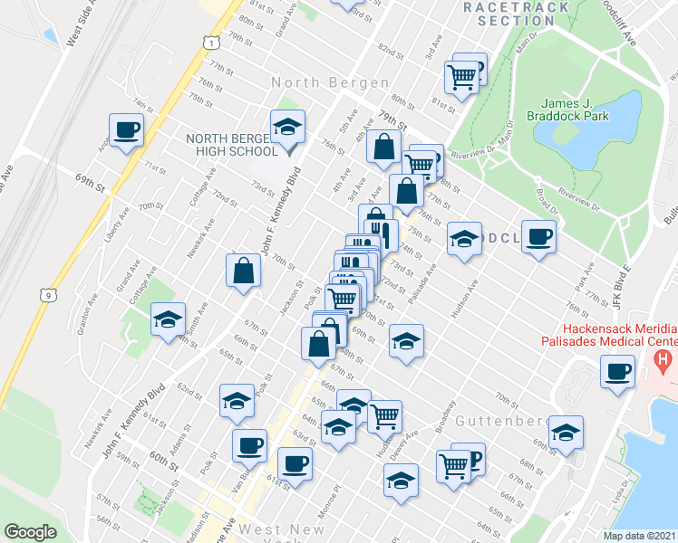 map of restaurants, bars, coffee shops, grocery stores, and more near 7011 Madison Street in Guttenberg