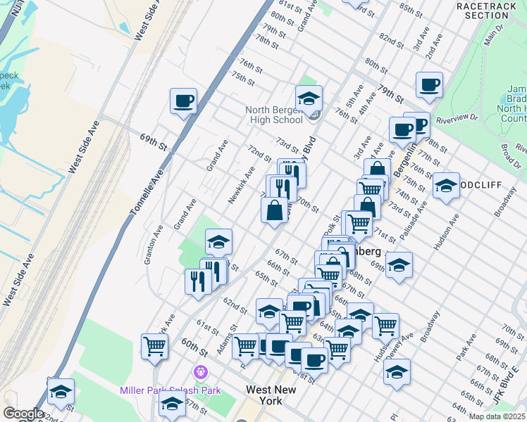 map of restaurants, bars, coffee shops, grocery stores, and more near 6717 Smith Avenue in North Bergen