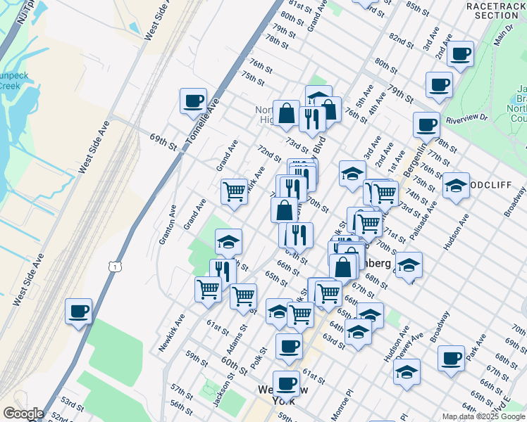 map of restaurants, bars, coffee shops, grocery stores, and more near 6717 Smith Avenue in North Bergen