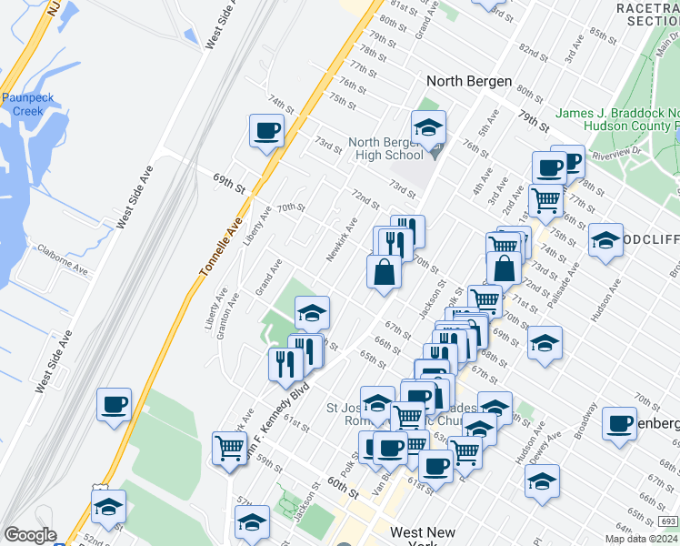 map of restaurants, bars, coffee shops, grocery stores, and more near 6717 Smith Avenue in North Bergen