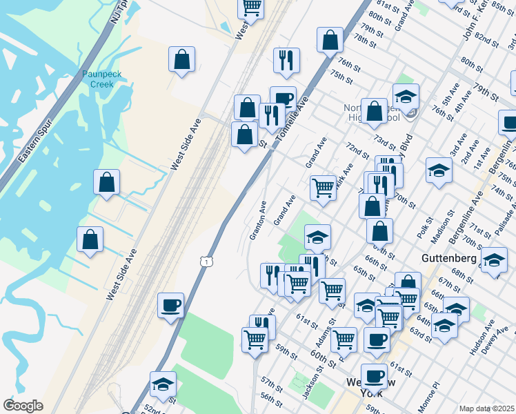map of restaurants, bars, coffee shops, grocery stores, and more near 6310 Liberty Avenue in North Bergen