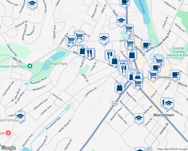 map of restaurants, bars, coffee shops, grocery stores, and more near 60 Phoenix Avenue in Morristown