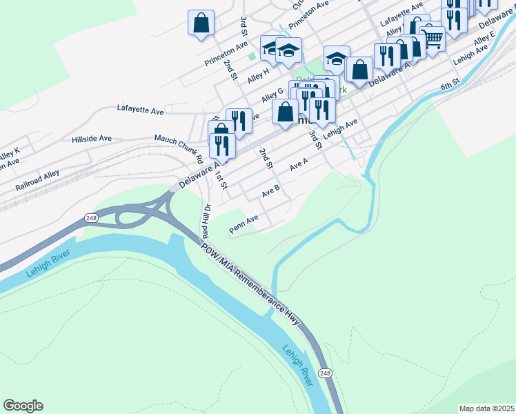 map of restaurants, bars, coffee shops, grocery stores, and more near 39 Marshall Avenue in Palmerton