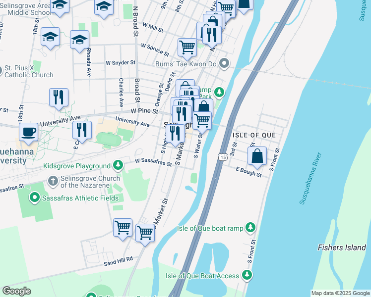 map of restaurants, bars, coffee shops, grocery stores, and more near 16 East Bough Street in Selinsgrove