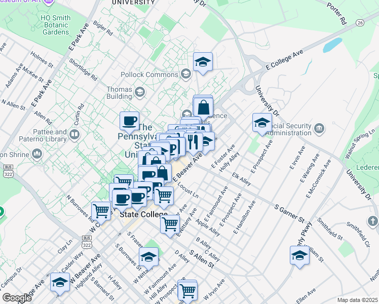 map of restaurants, bars, coffee shops, grocery stores, and more near 150 South Garner Street in State College