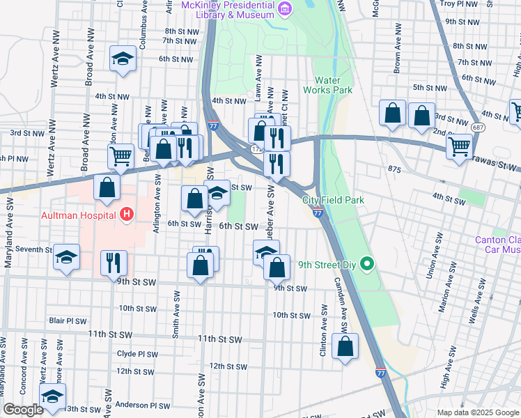 map of restaurants, bars, coffee shops, grocery stores, and more near 247 Dueber Avenue Southwest in Canton