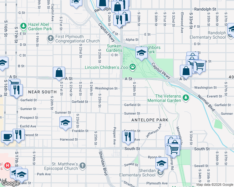 map of restaurants, bars, coffee shops, grocery stores, and more near 1601 South 27th Street in Lincoln