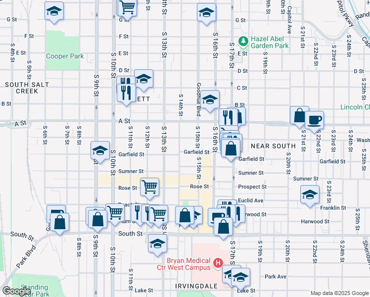 map of restaurants, bars, coffee shops, grocery stores, and more near 1425 Garfield Street in Lincoln