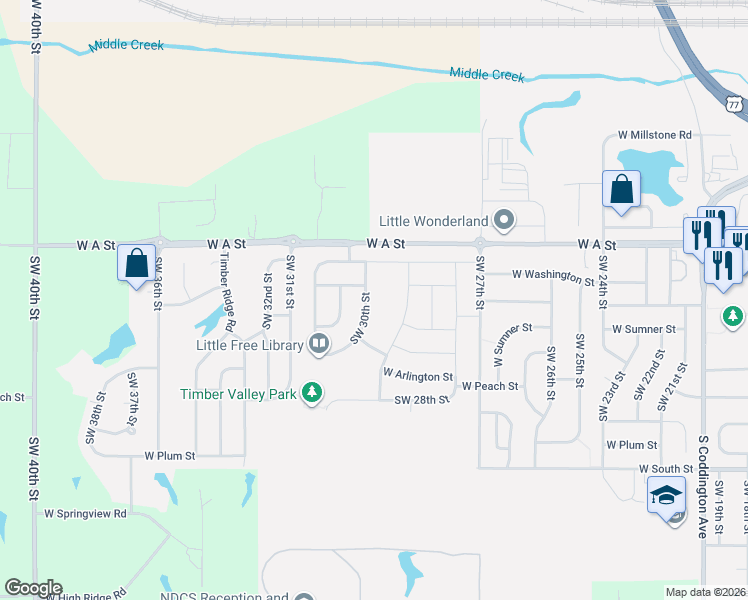 map of restaurants, bars, coffee shops, grocery stores, and more near 1640 Southwest 30th Street in Lincoln