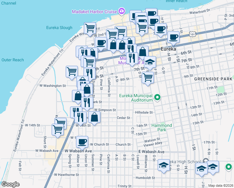 map of restaurants, bars, coffee shops, grocery stores, and more near 1 West Grant Street in Eureka