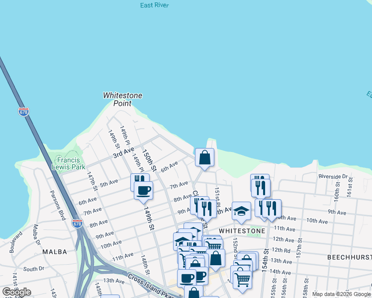 map of restaurants, bars, coffee shops, grocery stores, and more near 150123 Powells Cove Boulevard in Queens