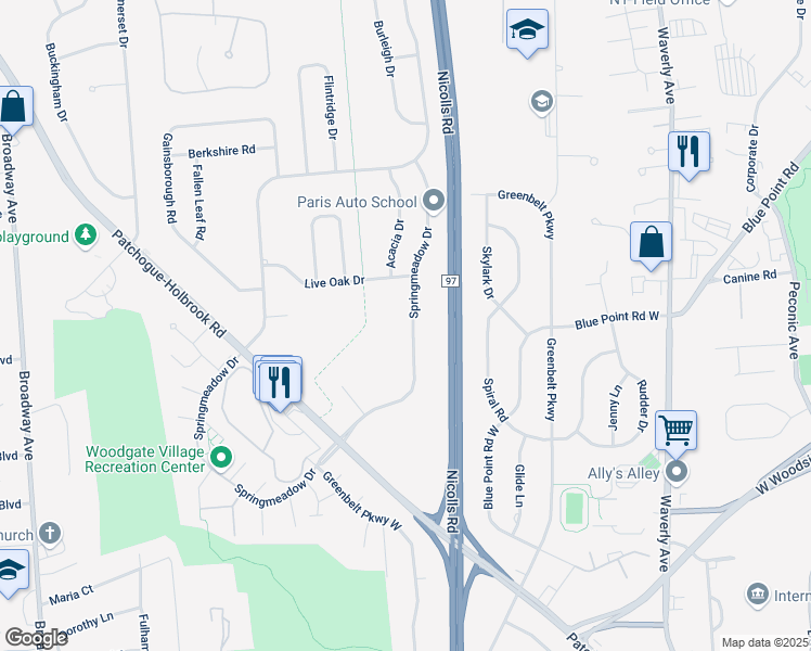 map of restaurants, bars, coffee shops, grocery stores, and more near 109 Springmeadow Drive in Holbrook