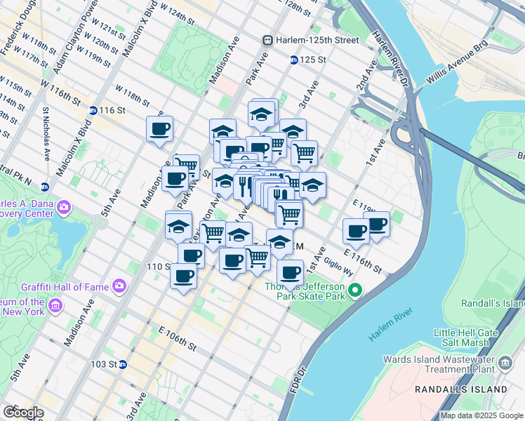 map of restaurants, bars, coffee shops, grocery stores, and more near 221 East 115th Street in New York
