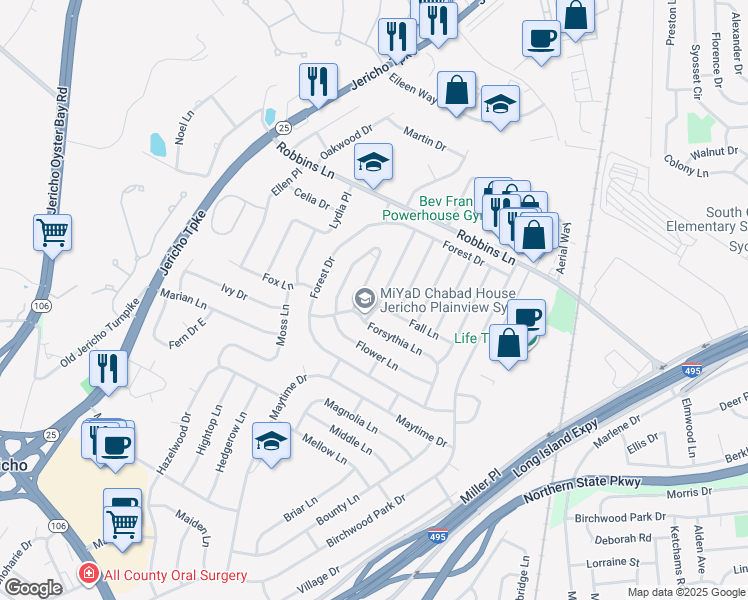map of restaurants, bars, coffee shops, grocery stores, and more near 82 Forsythia Lane in Jericho