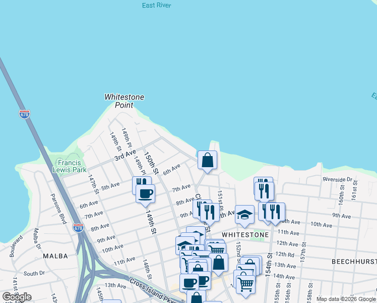 map of restaurants, bars, coffee shops, grocery stores, and more near 150-65 6th Avenue in Queens