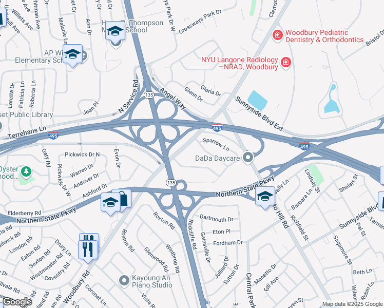 map of restaurants, bars, coffee shops, grocery stores, and more near 900 Woodbury Road in Woodbury