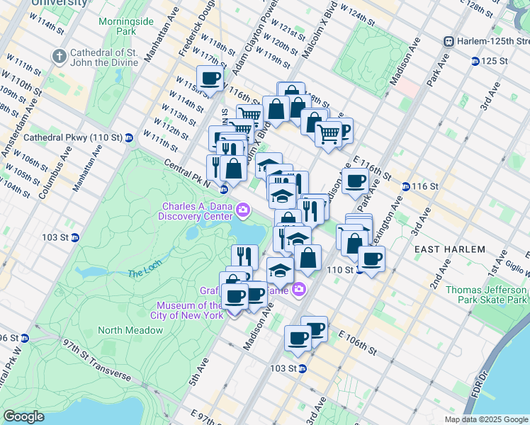 map of restaurants, bars, coffee shops, grocery stores, and more near 15 Central Park North in New York