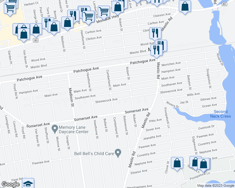 map of restaurants, bars, coffee shops, grocery stores, and more near 102 Southaven Avenue in Mastic