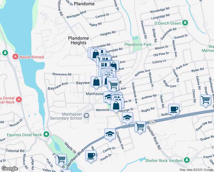 map of restaurants, bars, coffee shops, grocery stores, and more near 321 Plandome Road in Manhasset