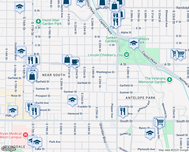 map of restaurants, bars, coffee shops, grocery stores, and more near 1524 South 24th Street in Lincoln