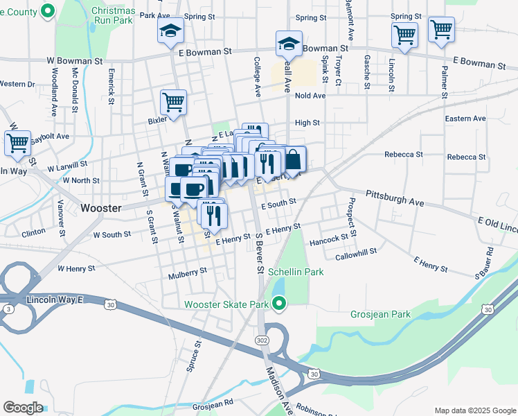 map of restaurants, bars, coffee shops, grocery stores, and more near 311 East South Street in Wooster
