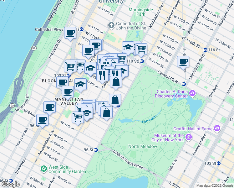 map of restaurants, bars, coffee shops, grocery stores, and more near 8 West 104th Street in New York