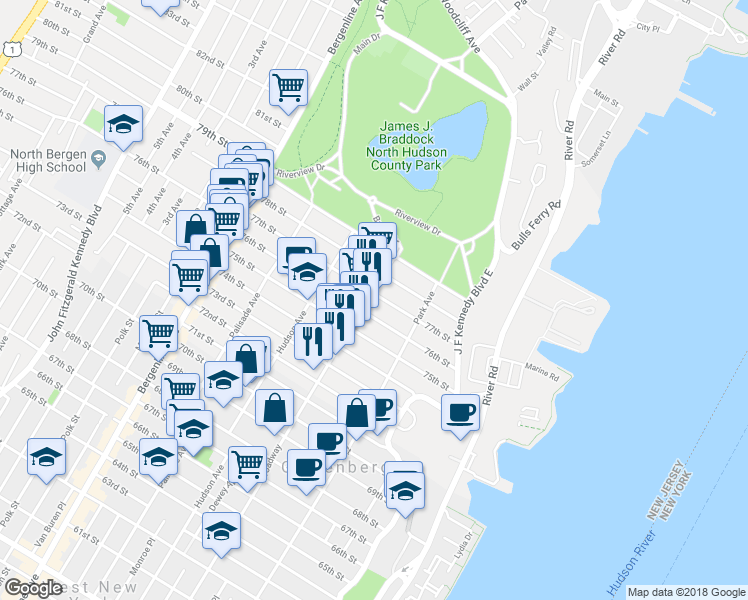 map of restaurants, bars, coffee shops, grocery stores, and more near 7626 Broadway in North Bergen