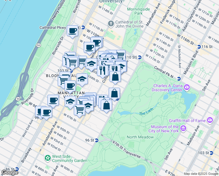 map of restaurants, bars, coffee shops, grocery stores, and more near 875 Columbus Avenue in New York