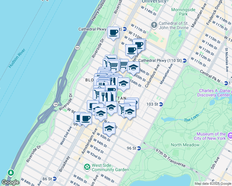 map of restaurants, bars, coffee shops, grocery stores, and more near 847 Amsterdam Avenue in New York