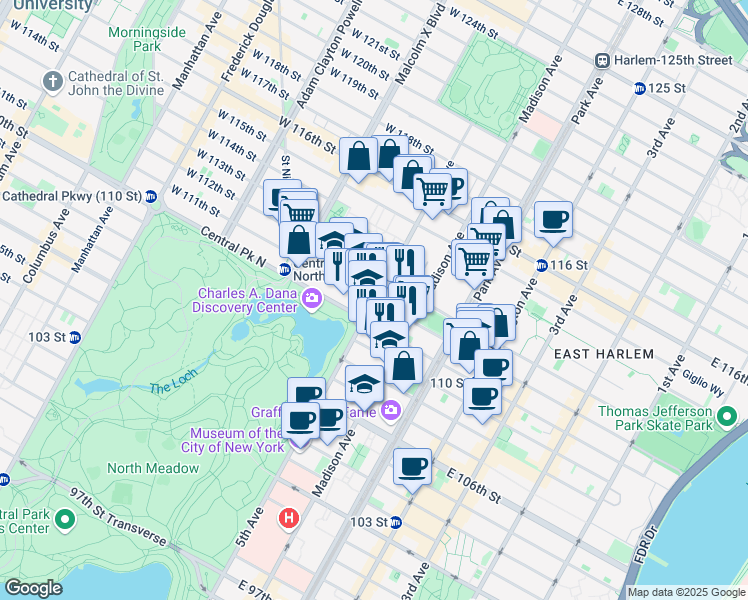 map of restaurants, bars, coffee shops, grocery stores, and more near 5th Avenue & West 111th Street in New York