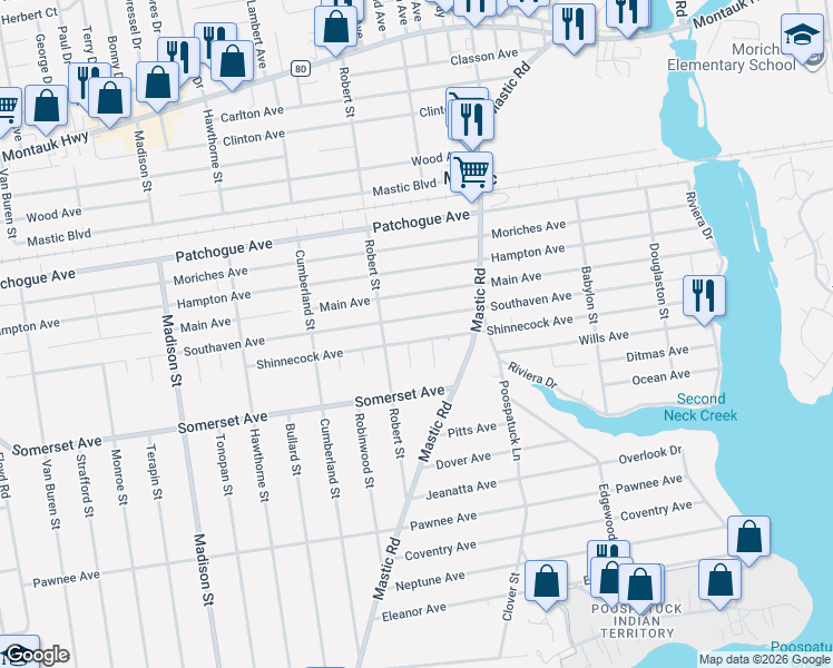map of restaurants, bars, coffee shops, grocery stores, and more near 133 Shinnecock Avenue in Mastic