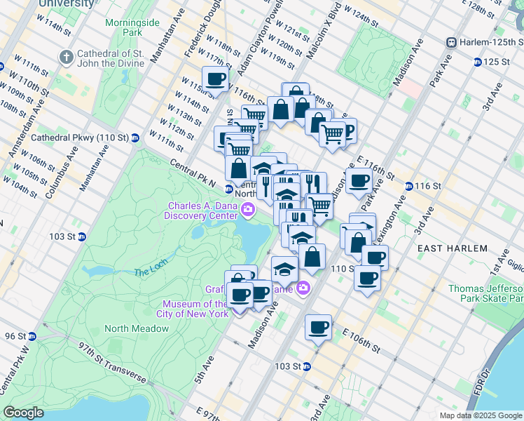 map of restaurants, bars, coffee shops, grocery stores, and more near 25 West 110th Street in New York