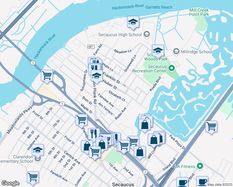 map of restaurants, bars, coffee shops, grocery stores, and more near 30 Elizabeth Court in Secaucus