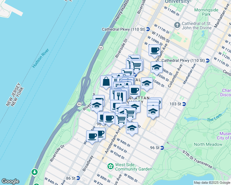 map of restaurants, bars, coffee shops, grocery stores, and more near 2605 Broadway in New York