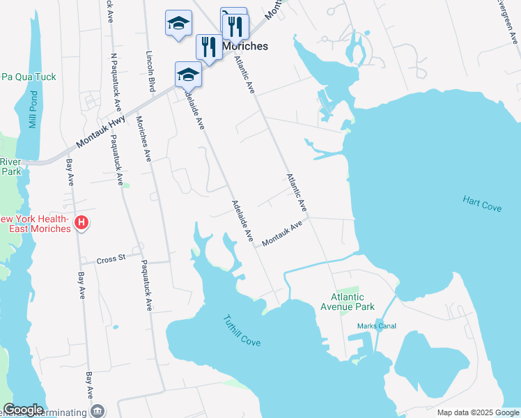 map of restaurants, bars, coffee shops, grocery stores, and more near 12 Highland Court in East Moriches